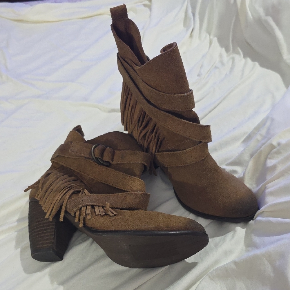 Naughty Monkey Brown Fringe Ankle Boots Block Heel Western Boho Booties